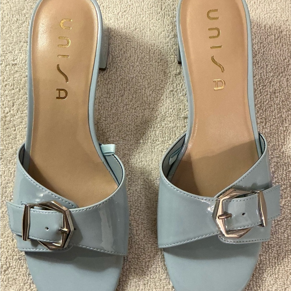 Unisa Light Blue Patent Mules with Buckle